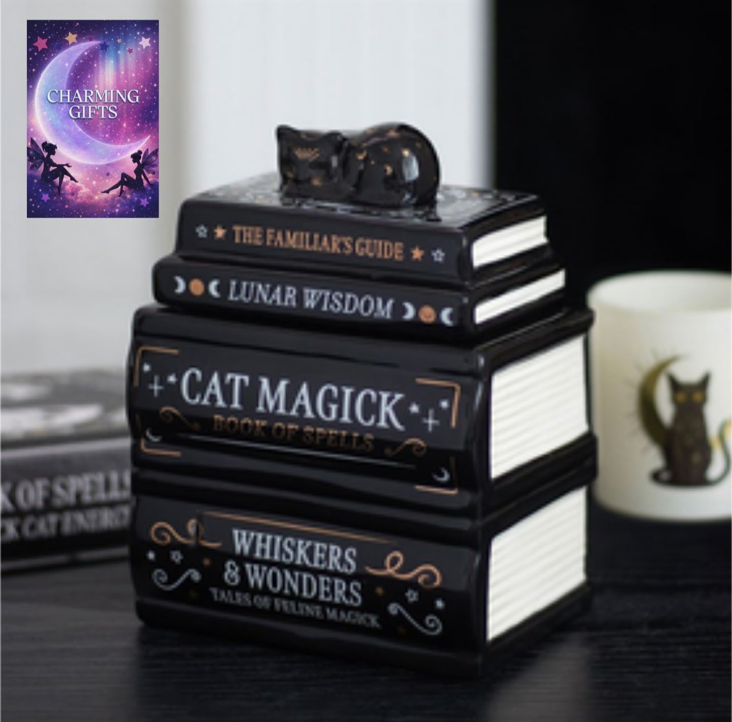 Black Cat Book Stack Oil Burner with Cat