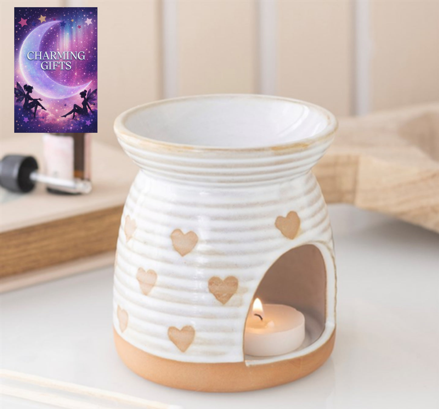 Beige Heart Print Oil Burner