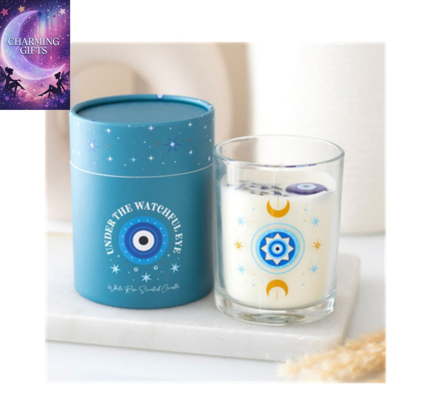 Under Watchful Eyes White Rose Candle with Crystals