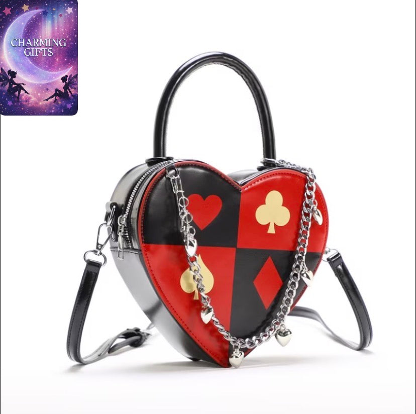 Creative Heart-Shaped Bag for Women Featuring a Punk Style with a Poker Print, Stylish Chain Design, And Perfect for Crossbody Use.