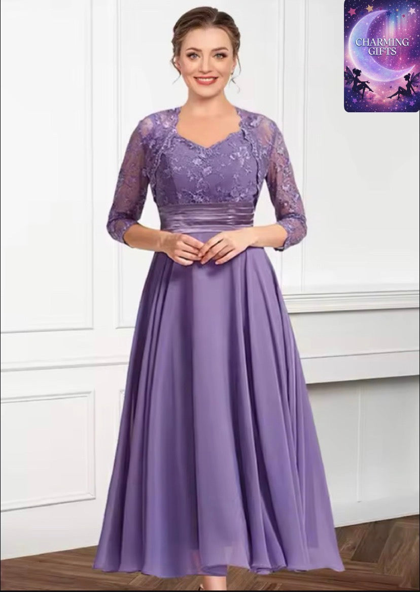 Flycurvy Plus Size Mother Of The Bride Purple Chiffon Lace Embroidery Two Pieces Tea-Length Dress With Jacket