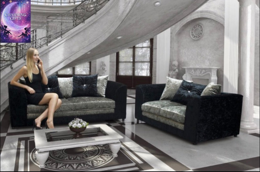 Black-silver, 3 + 2 seater) Leo Crushed Velvet 3 & 2 Seater Sofa Set