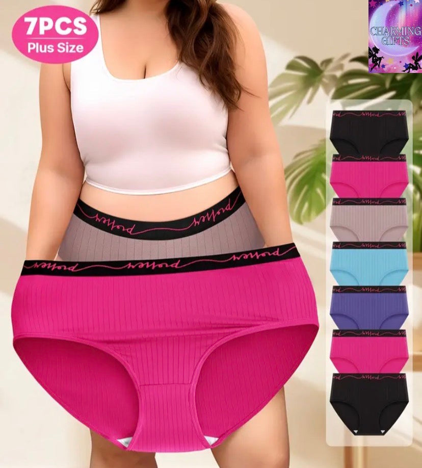 7pcs Pack Plus Size Underwear, Oversized Women'S Panties with Mid-Rise, Letter Waistband, Vertical Stripe, Soft Version, High Elasticity, Tummy Control, Waist Cinching, Shapewear for Yoga, Sports, And Fitness, Featuring a Silky Texture, Made of 90% Polyes