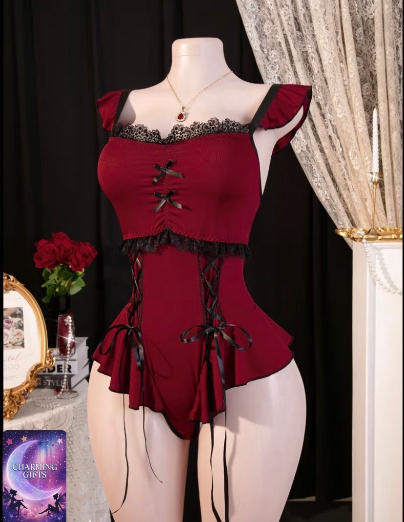 Plus Size Women's Court Style Wine Red Bodysuit with Lace Side Ties, Sexy Bodysuit for Dates and Alluring Outfits