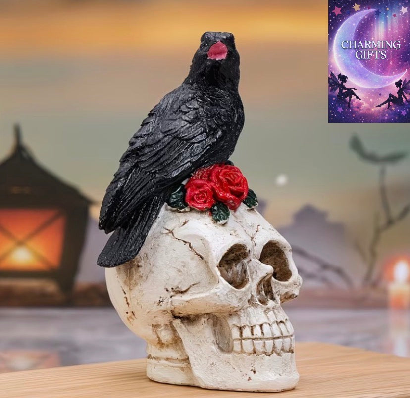 A Creative Resin Craft Featuring a Skull, Crow, And Rose for Halloween Scene Decoration, Suitable for Home Decor