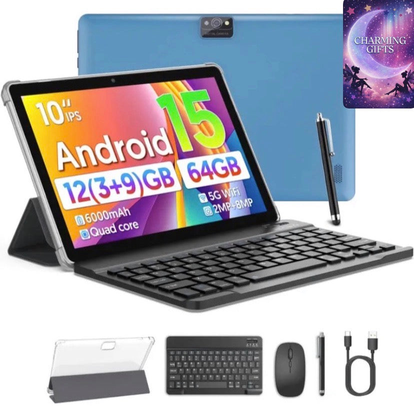 Android Tablet with Keyboard, Android 15 Tablet 10 Inch with 12(3+9)GB+64GB, 1TB Expand, 4-Core, 6000mAh, 2.0MP+8.0MP Dual Camera 5G WiFi6, 1280x800 HD Touchscreen