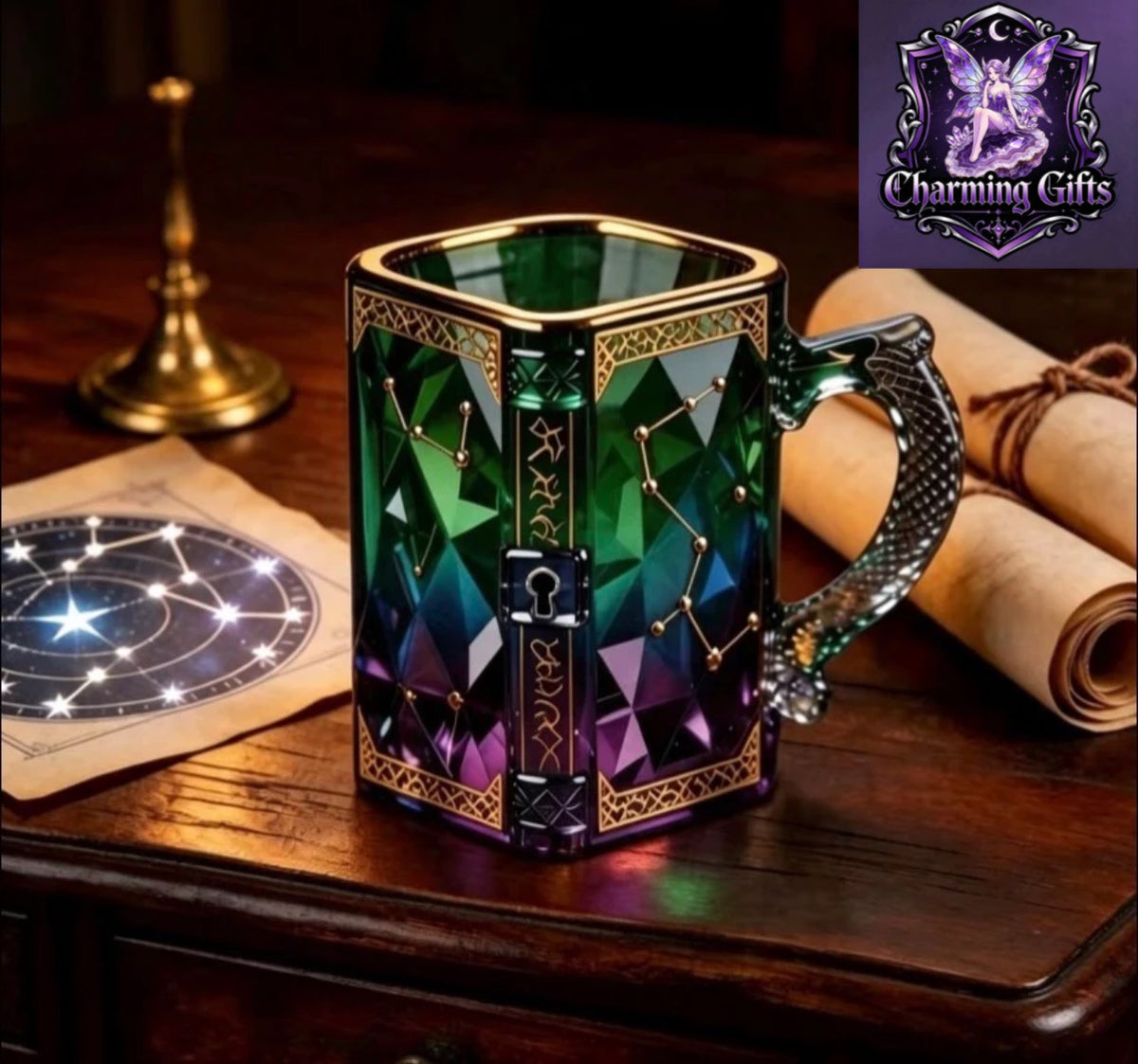Gradient Constellation & Dragon Glass Cup with Retro Lock Lid - Coffee & Tea Mug Suitable for Home, Office, Gift Box with Digital Painting, Dragon Handle Design, Hand Wash Only, for Home Decor, for Game Enthusiast Gifts, Use