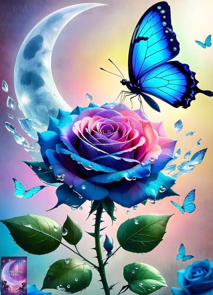 Gradient Rose Diamond Painting Kits for Beginners Adults,5D DIY Butterfly Diamond Art Kits,Round Full Drill Crescent Moon Art Crafts,DIY Painting by Numbers for Home Wall Decor 12x16 inch