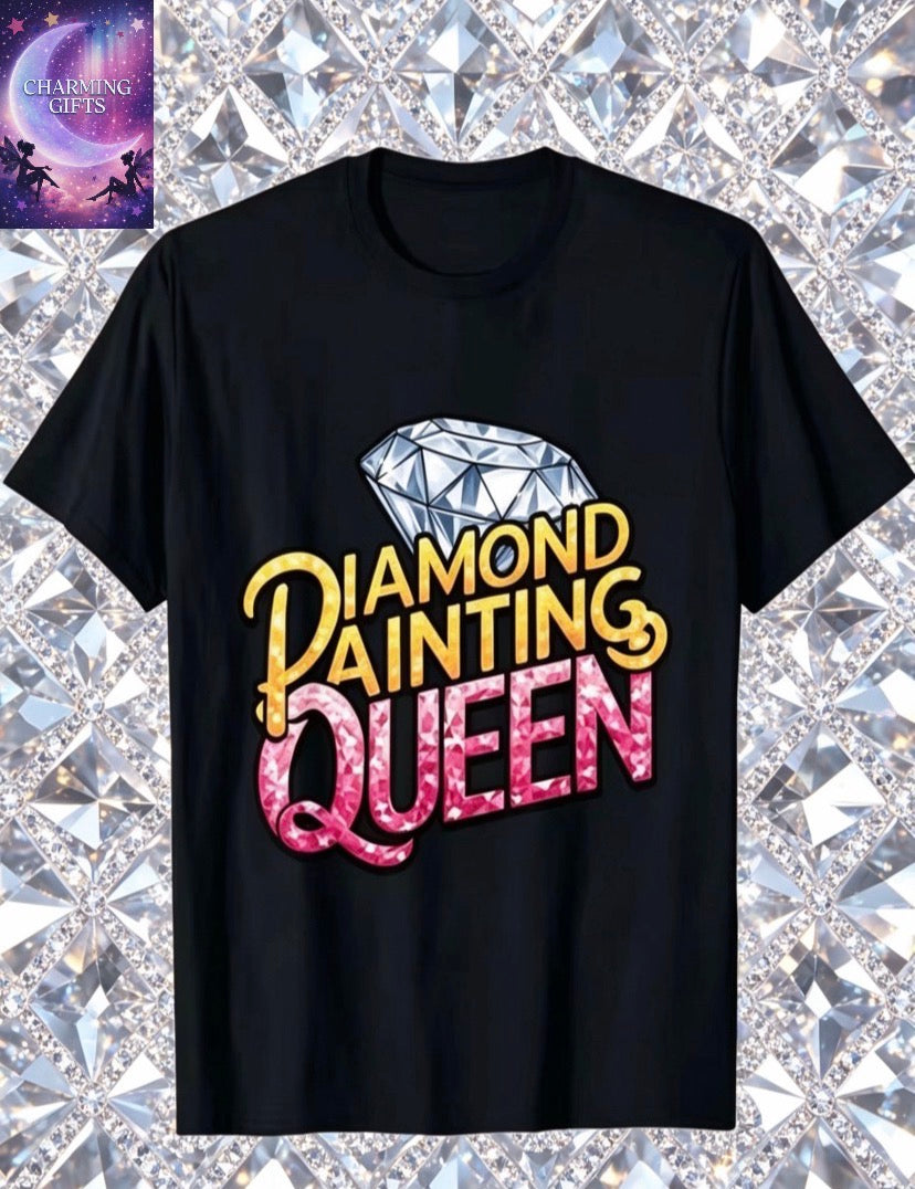 "DIAMOND PAINTING QUEEN" Rhinestone T-Shirt - 2D Print Round Neck Short Sleeve Casual Summer Tee with Diamond for Hobbyists, Machine Washable Black Top