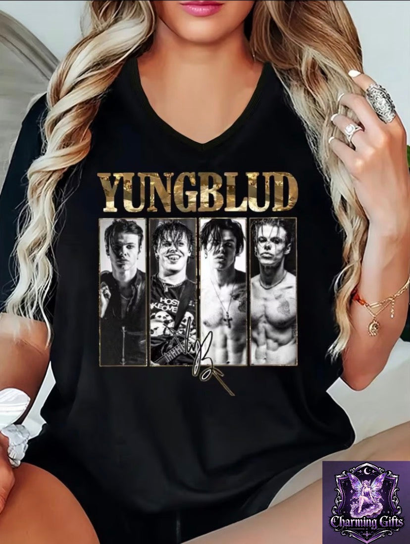 Yungblud - Plus Size - Short-Sleeved V-Neck T-Shirts for Women, Perfect for Spring And Summer, Featuring an Oversized Loose Fit. A Lovely Gift Option in Plus Sizes, Made from 95% And 5% Elastane