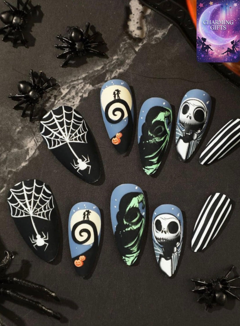 Nightmare Before Christmas False Nails Halloween 24pcs- Frosted Skull Pumpkin Cobweb Spider Decorations - Press On Nails Ballerina Acrylic Stick On Nails Almond Fake Nails For Women And Girls