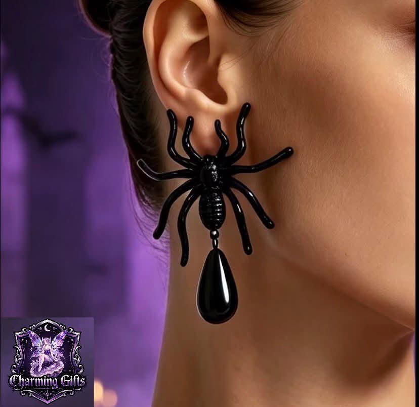 🕷️ Gothic 3D Spider Teardrop Earrings — Halloween Statement Style