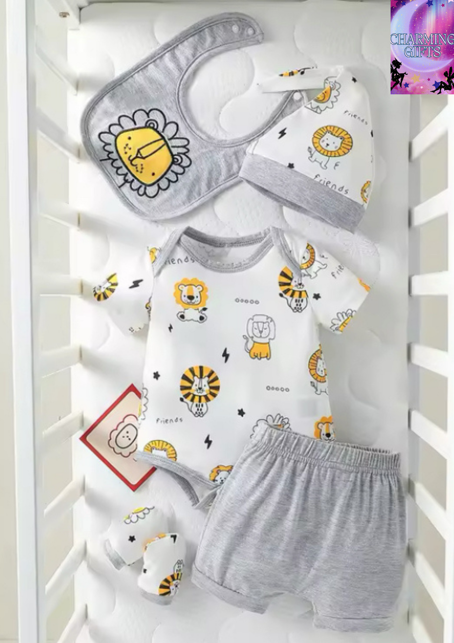 4Pcs Baby Boys Summer short Sleeve Cartoon Lion Cute Daily Shorts Suit +Hat+Gloves+Bib