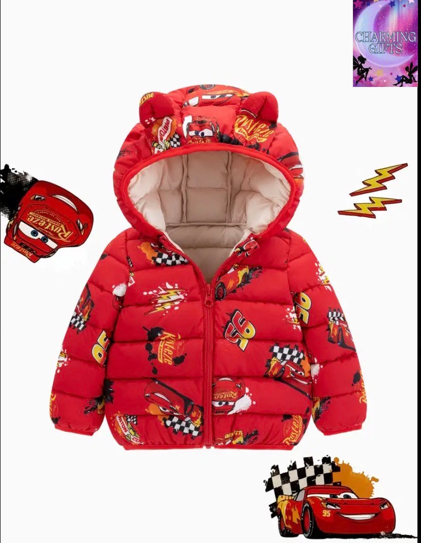 Disney Kids Lightning Mc Queen Cars Printed Winter Jacket/ Warm Hooded Cartoon Coats for Boys/ Warm Padded Coat/ Three layers/ Cute Ear Design/ Lovely Gift for Boys/ baby clothes/ baby clothes girl/ boy baby clothes/ Halloween/ Christmas, Kids Winter Jack