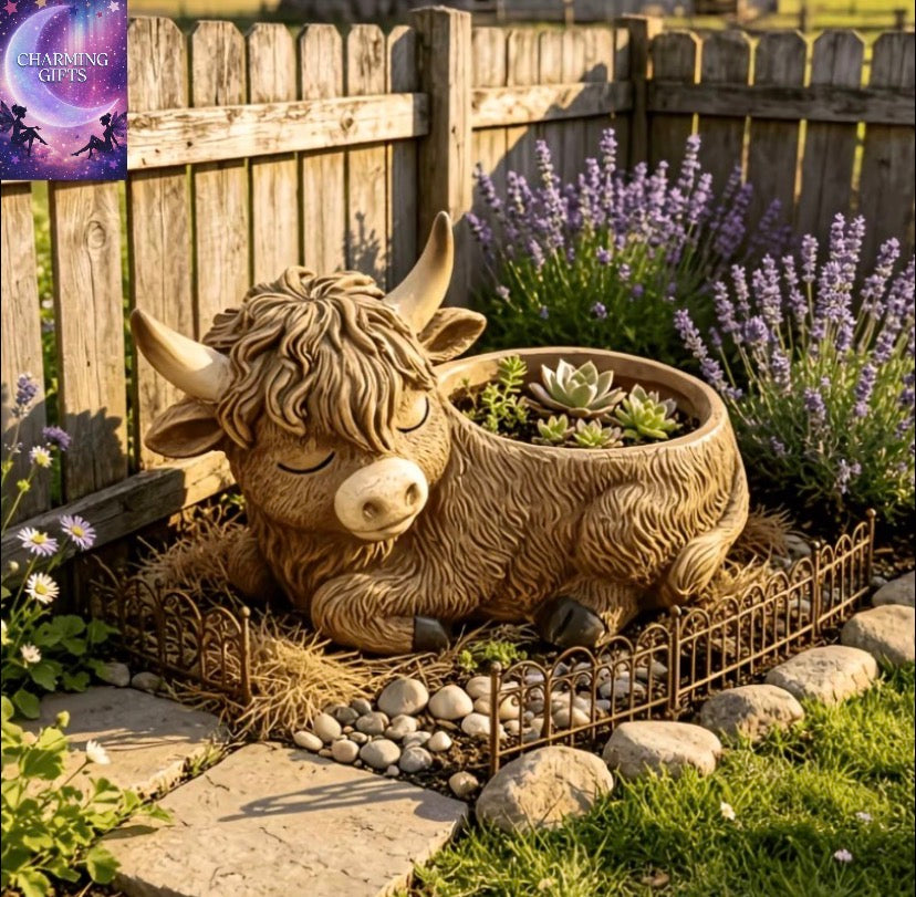 1pc Resin Highland Cow Shaped Planter, Faux Fur Succulent Pot Container, Indoor Outdoor Use, Gift for Plant Lovers