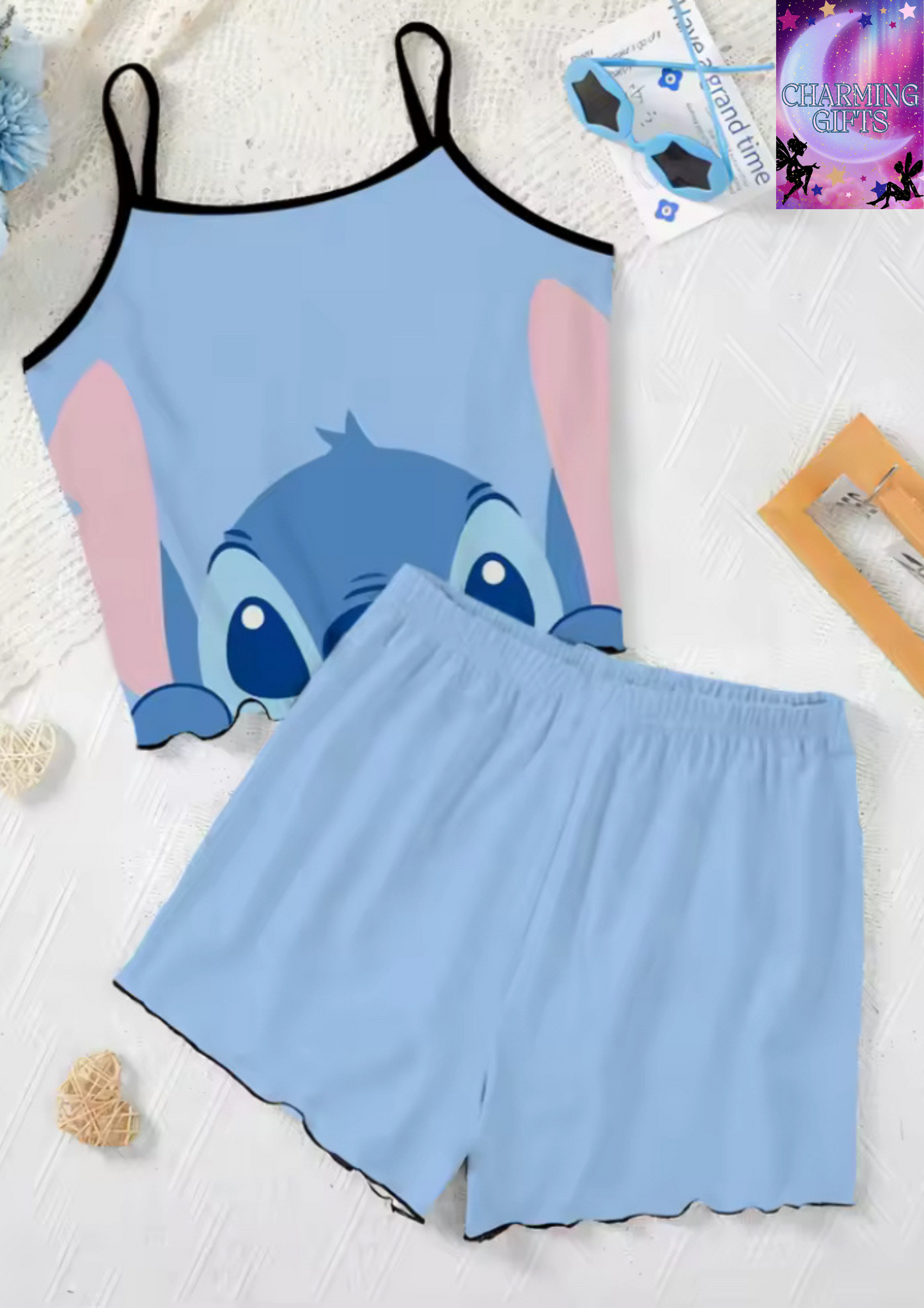 Elegant Women's Sets Lettuce Trim Pajama Skirt Disney T-shirt Slip Dress Stitch Top Pieces Short Piece Outfit Summer Suit Disney