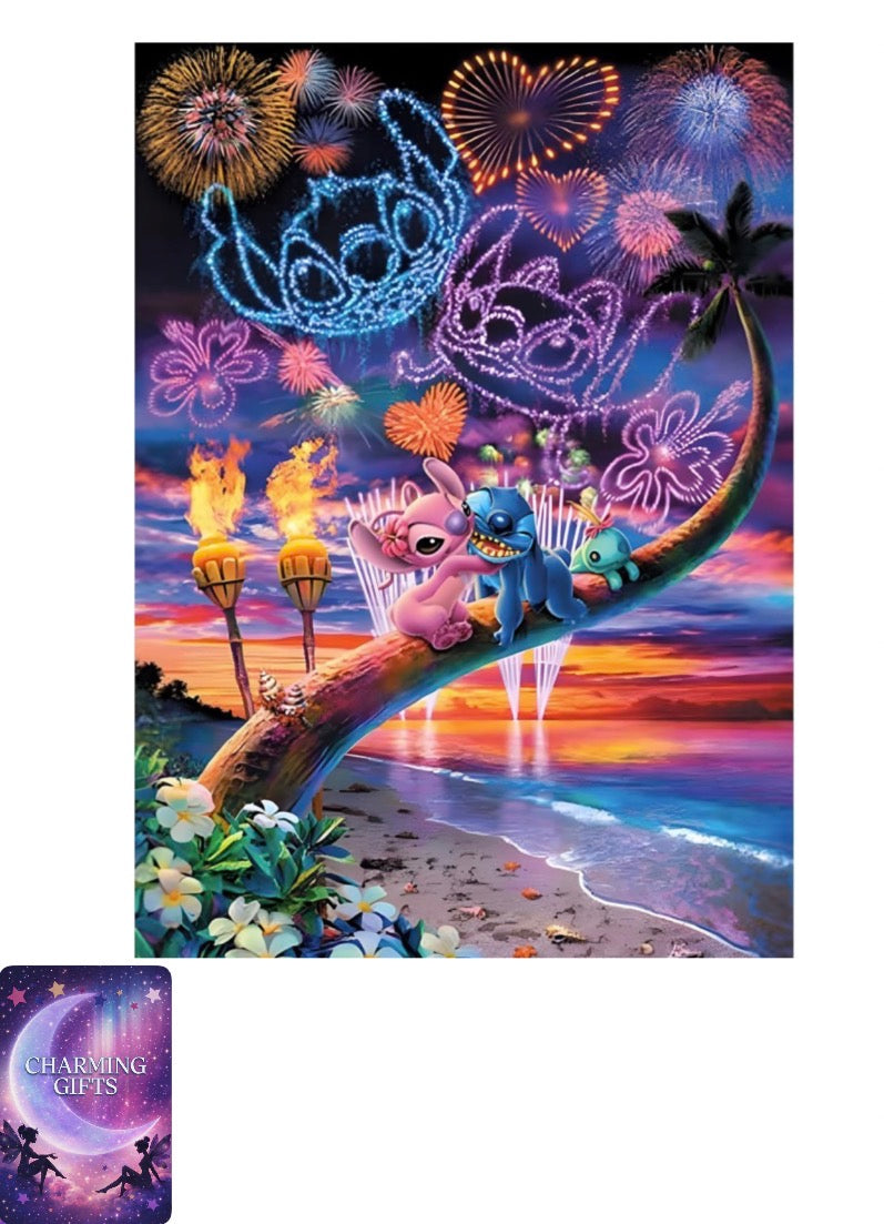 5D Cartoon Diamond Painting Kits for Adults, Stitch fireworks Diamond Art Kits for Kids Beginners,Round Full Drill Diamond Painting Art,DIY Paint with Diamonds Fireworks Gem Painting Art 12x16 inch