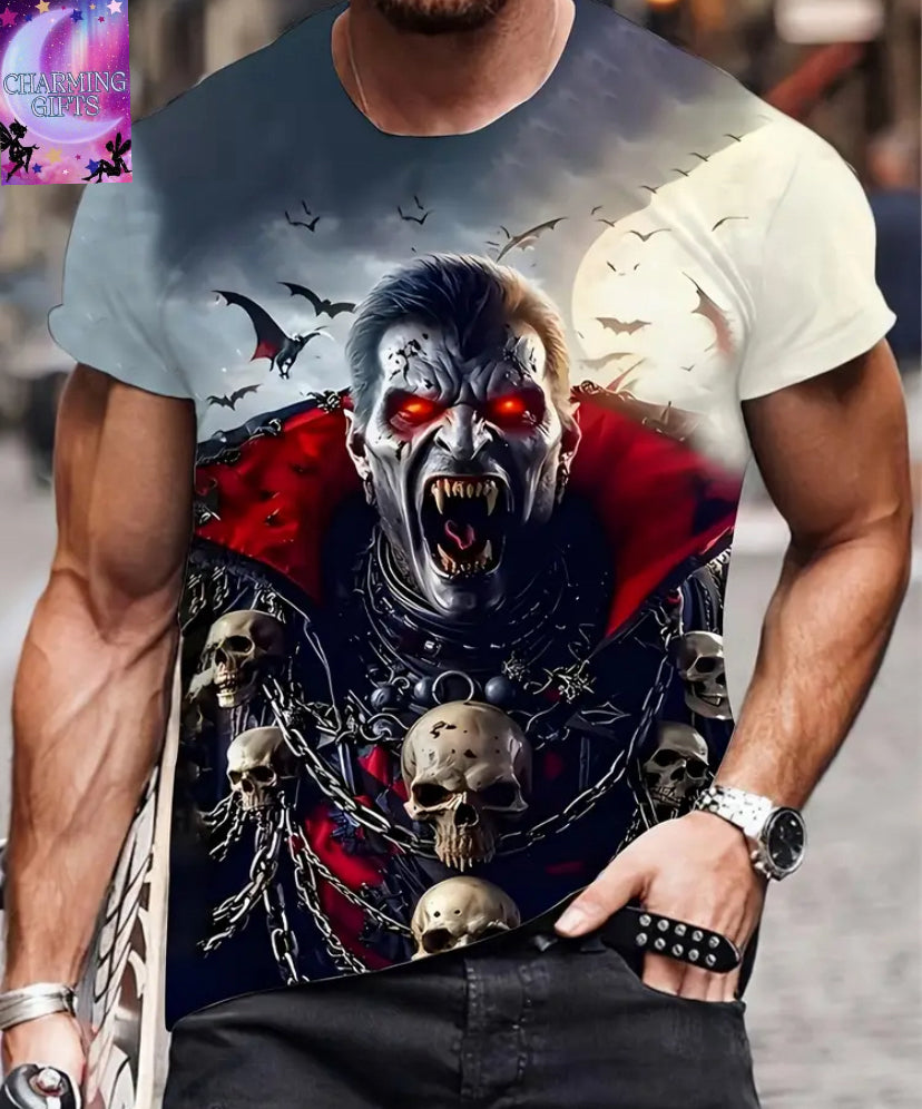 Men's 3D Skull Bat Print T-Shirt - Full-Body Graphic Streetwear Tee with Red Eyes & Chains Design, 100% Round Neck Short Sleeve, Machine Washable Regular Fit Casual Top for Bold Visual Impact, Streetstyle Clothing, Durable Fabric, PLUS SIZE