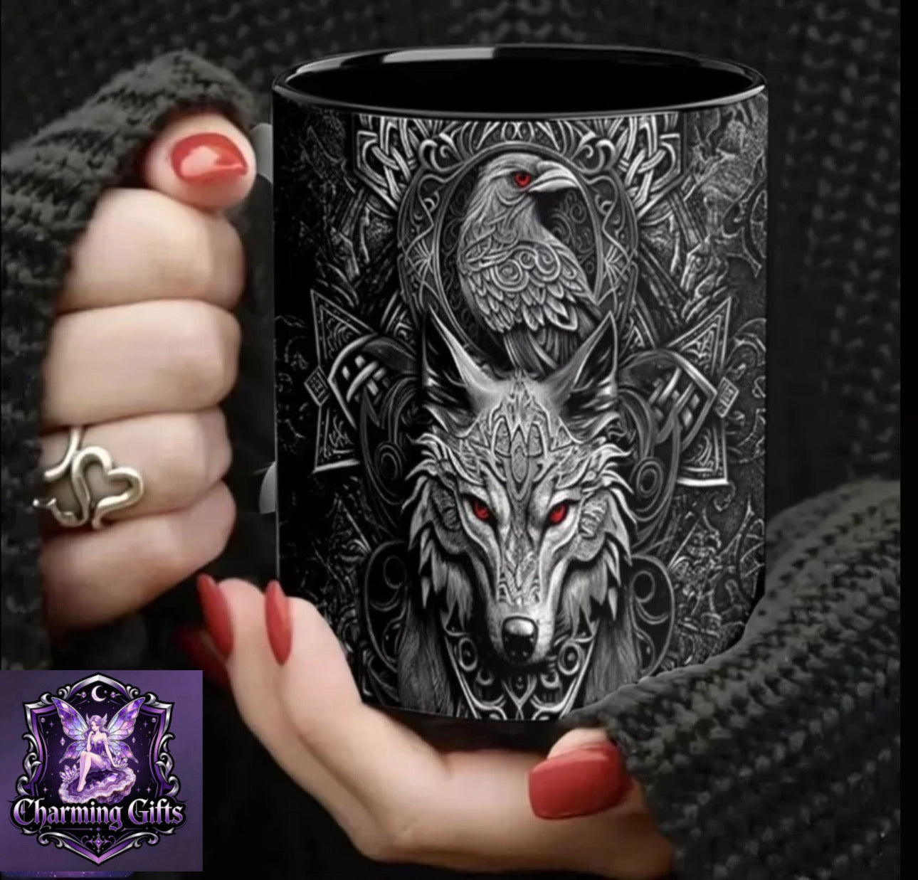 1pc 11oz Artistic Design Ceramic Mug - Wolf & Raven Celtic Knot with Intricate Knotwork - Wide Mouth Durable Coffee Cup for Camping, Travel - Valentine's Gift Travel Coffee Mug - Hand Wash Only Camping Drinkware