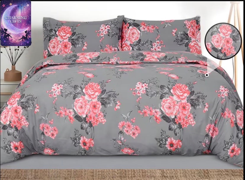 Kingsize Grey Floral Printed Duvet Cover Set – Soft & Breathable Microfiber, All-Season Bedding with Pillowcases, Button Closure, Perfect for Bedroom, Guest Room & Dorm, Ideal Christmas Gift