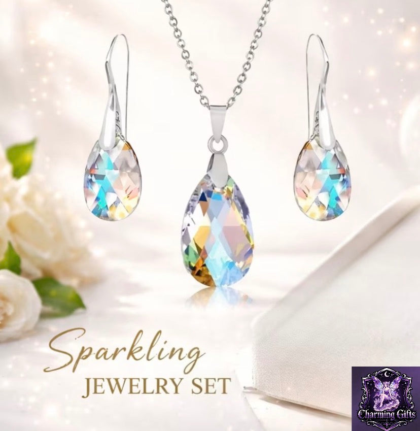 3pcs Set of Imitation Crystal Teardrop Jewelry Set for Women Silvery Plated Necklace Earrings Set Colorful Sparkling Wedding Party Jewelry Gift for Her