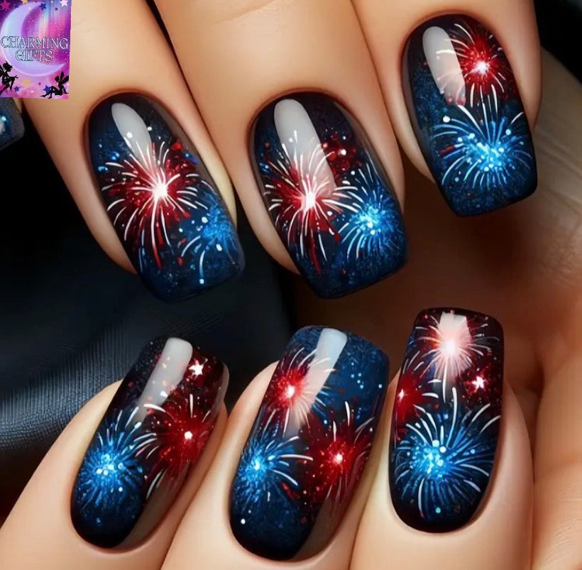 24pcs Medium-Length Square Press-On Nails - Blue & Black Firework Design Glossy Reusable Fake Nails for Holidays, Parties, Special Occasions, Party Accessories