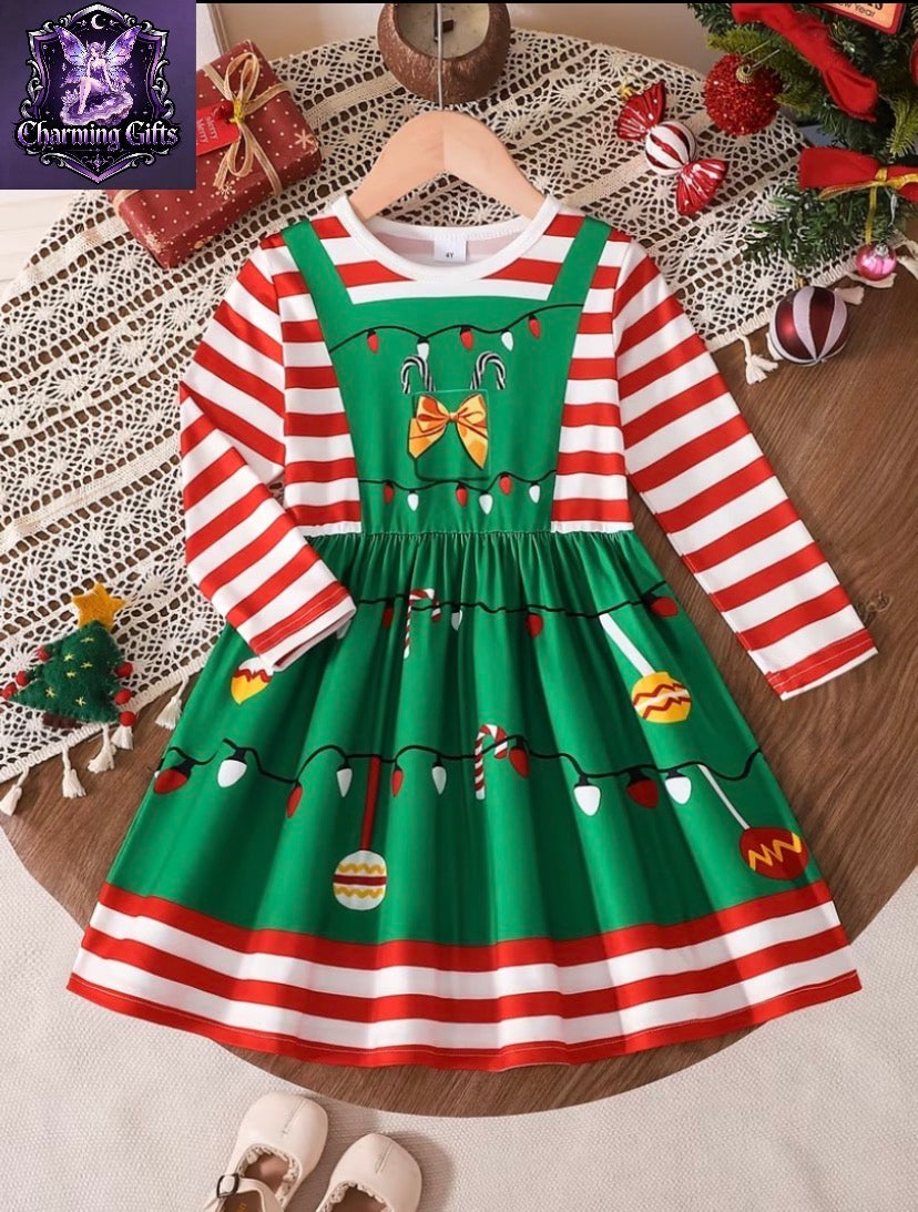 🎅 Girls' 2-in-1 Christmas Elf Style Dress — Red & White Striped with Lights