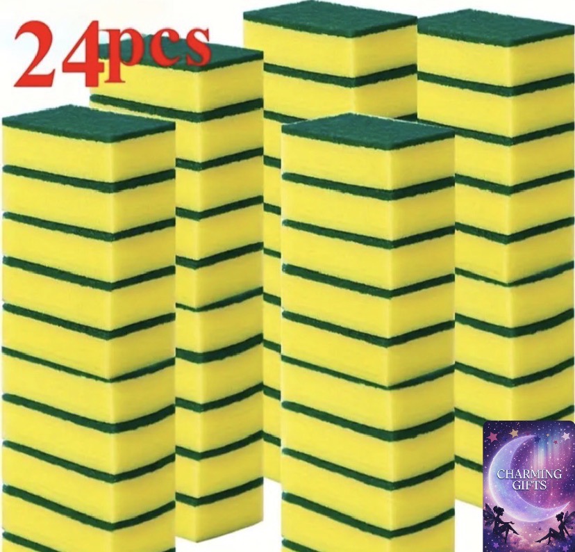 24pcs High Absorbency Kitchen Sponges - Double-Layer Durable Design with Reinforced Sand Fiber Handle, Grease and Rust Remover Suitable for Dishware and Cookware Cleaning, Yellow & Green Textured Scrubbing Surface | Commercial and Household Use, Durable R