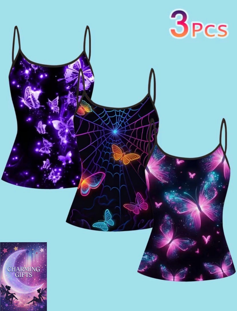 Plus Size - Plus Size - Set of 3 Large Size Women'S Tank Tops with a Colorful Purple Butterfly Spider Web Print, Featuring Thin Straps And a Subculture Spicy Style