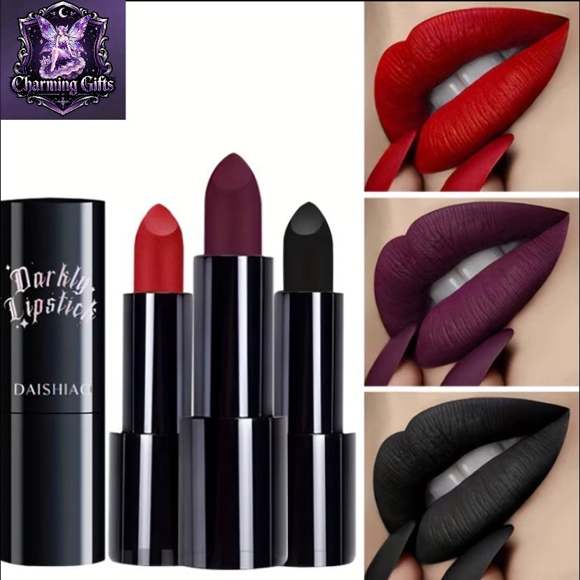 Darkly Lipstick: 3pcs/set Matte Lipstick set, Waterproof, Long-Lasting, Halloween Look - Adult Use - All Skin Types - Matte Finish - Black, Purple, Red, Perfect Gift for Women