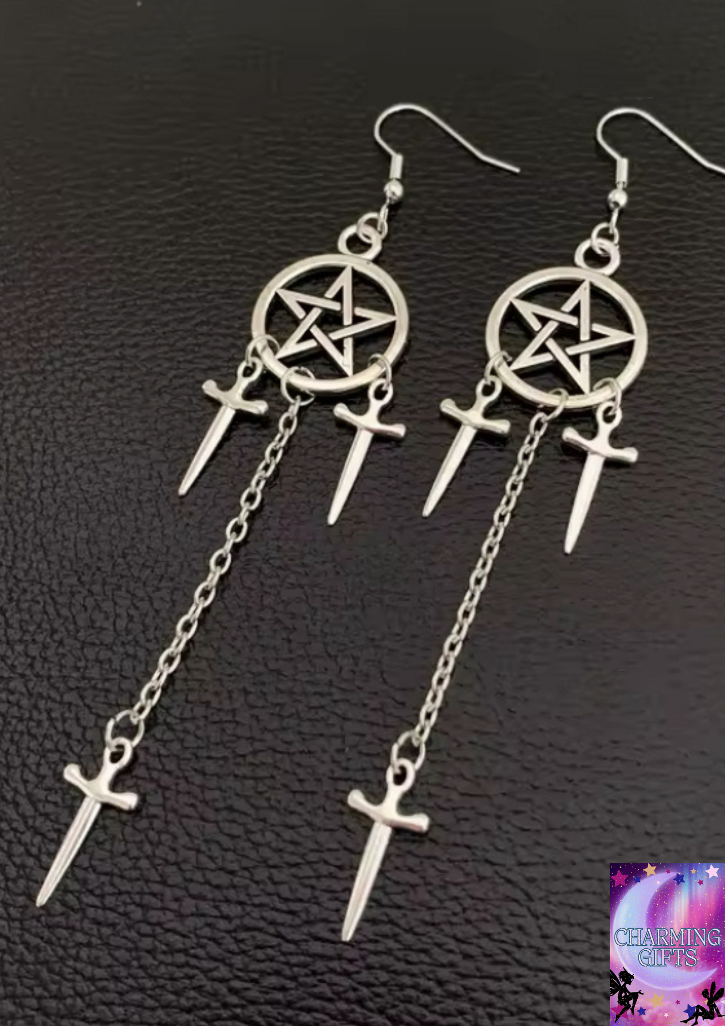 Pentagram Swords Earrings Silver Plated Huggie Hoops Dangle Witchy Jewelry Pagan Wiccan Tarot Gothic Emo Women Gift
