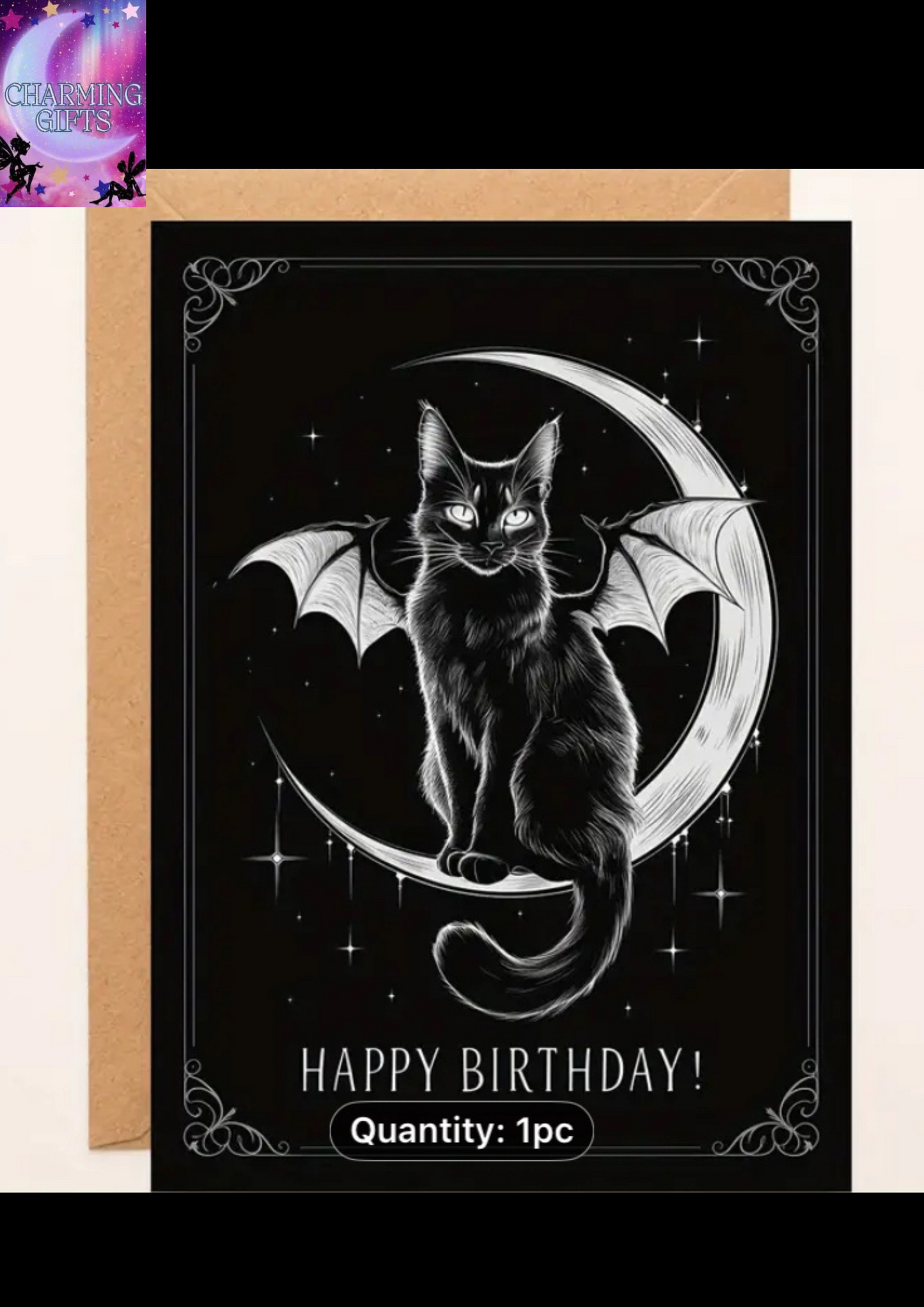Spooky Happy Birthday Card - Gothic Bat Cat Design Greeting Card for Cat Lovers - Halloween Celebration Card