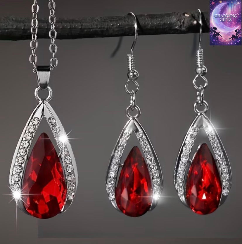 3pcs Fashion Exquisite Black And Red Water Drop Zirconia Pendant Earrings Necklace Jewelry Set Valentine'S Day Anniversary Birthday Party Wedding Gift Jewelry Additions Fashion Items That Can Be Worn All Year Round