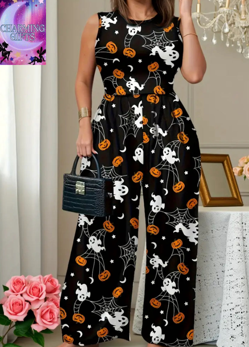 Plus Size, Plus-Size Women's Halloween Pumpkin Print Jumpsuit, Full of Atmosphere, Limited Edition for Halloween