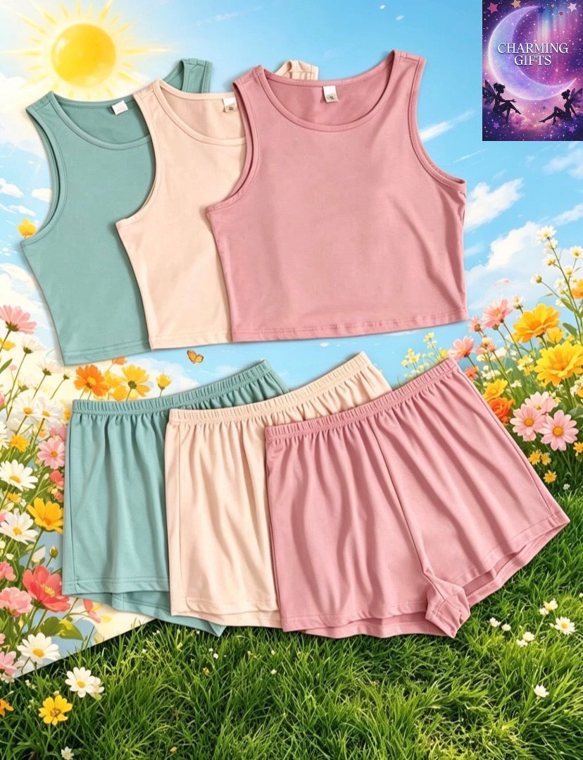 3pcs Solid Color Tank Top & Shorts Set, Fashionable For Women Summer Outfit