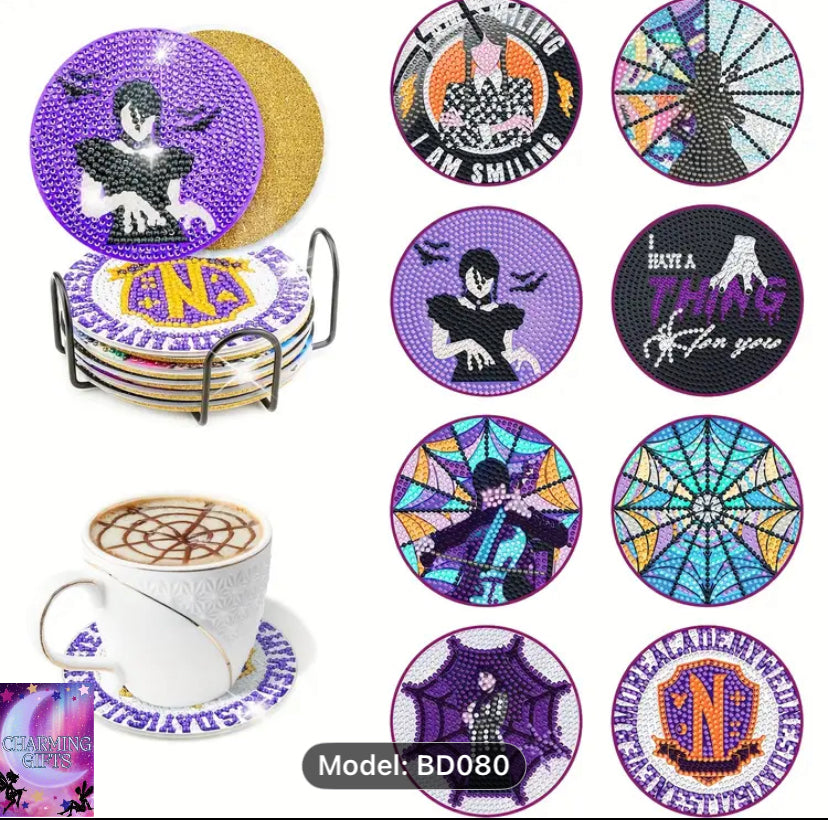8pcs of 5D diamond painting set coaster with holder, suitable for beginners and adults to DIY diamond painting crafts coaster making, Halloween style art "Wednesday" cartoon character pattern series, a kitchen dining table tea party item is also a handmad