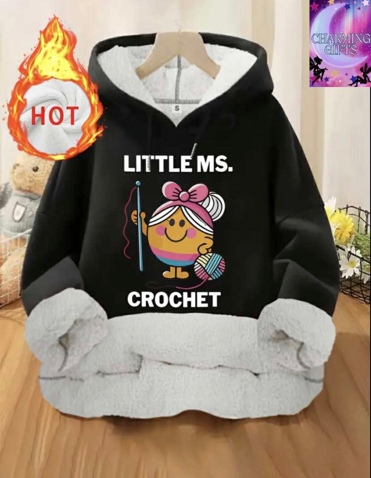 Women's Crochet Lover Hoodie - Cute "Little Ms. Crochet" Graphic Sweatshirt, Cozy Fleece-Lined Pullover Hoodie with Front Pocket for & Crochet Enthusiasts - Winter Fall Casual Outerwear, Cold Weather Wear, Playful Design, Quality Stitching, Crafty Women