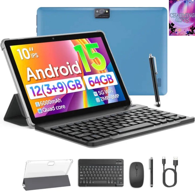 Android Tablet with Keyboard, Android 15 Tablet 10 Inch with 12(3+9)GB+64GB, 1TB Expand, 4-Core, 6000mAh, 2.0MP+8.0MP Dual Camera 5G WiFi6, 1280x800 HD Touchscreen