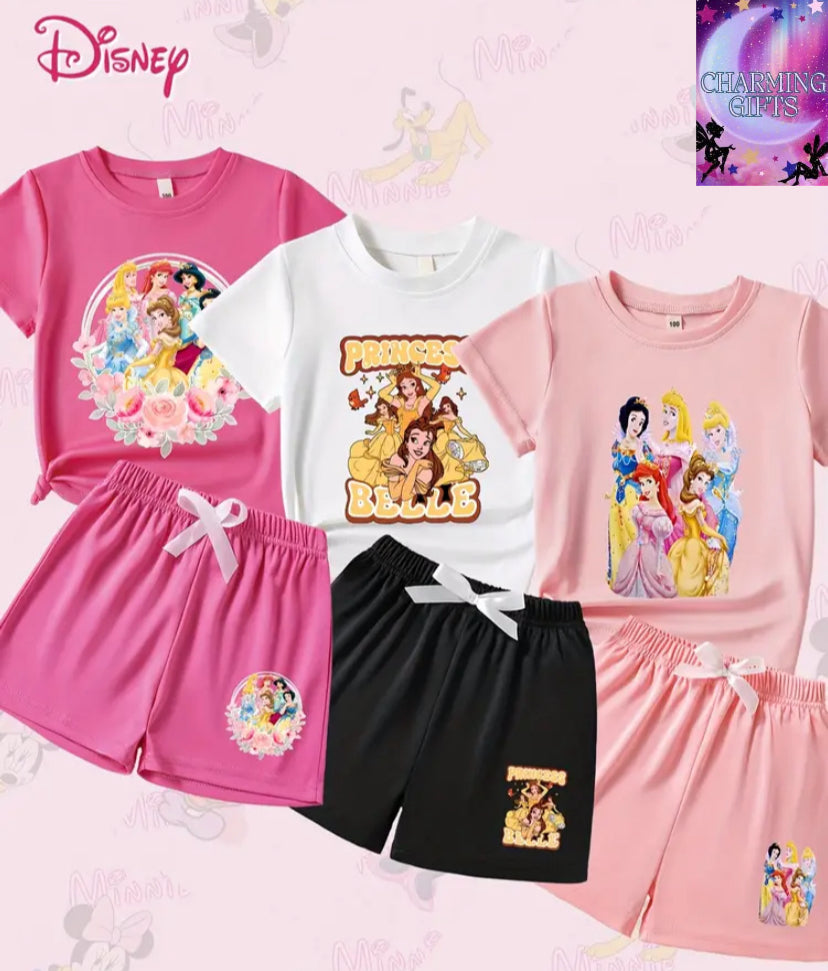 New Girls' Spring And Summer 6pcs Classic Cartoon Character Set Basic Version Round Neck T-shirt with Shorts, Top Featuring Beloved Fairy Tale Princess Prints, Letter Belle Princess Fairy Tale Princess Group Embossed, Shorts with Bow Decorations, Sweet An