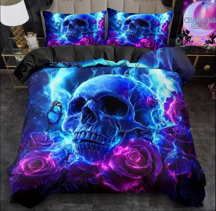 3pcs Quilt Cover Set, Fantasy Blue Skull Print Duvet Cover Set, King Queen Style Bedding Set, Polyester Machine Washable, Quilt Decoration, Bedroom Guest Room, Birthday Gift (Includes 1 Duvet Cover + 1 or 2 Pillowcases, (Double )