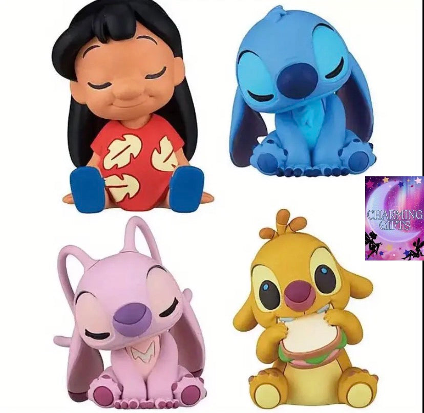 4pcs/set star babies Lilo and Stitch sit side by side, and alien statue office living room desktop car ornaments are suitable for holiday gifts on computer desks.