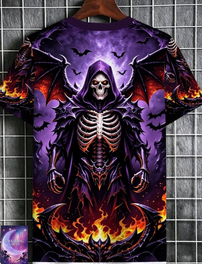Men's Gothic Flame Reaper Skull T-Shirt - Purple & Orange Reaper Print Crew Neck Streetwear Top, Regular Fit Casual Shirt Suitable for Parties, Casual Attire & Themed Events, Machine Washable Reaper