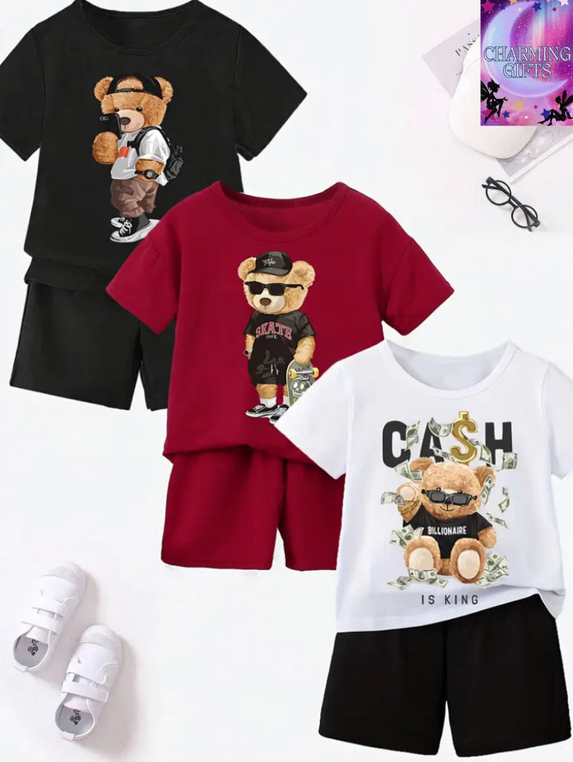 3pcs Shorts and T-Shirt Set for Boys, Summer Fashionable Short Sleeve Outfit with Cute Bear Print, Stylish Kids' Casual Shorts and Tee Combo, Perfect for Outdoor
