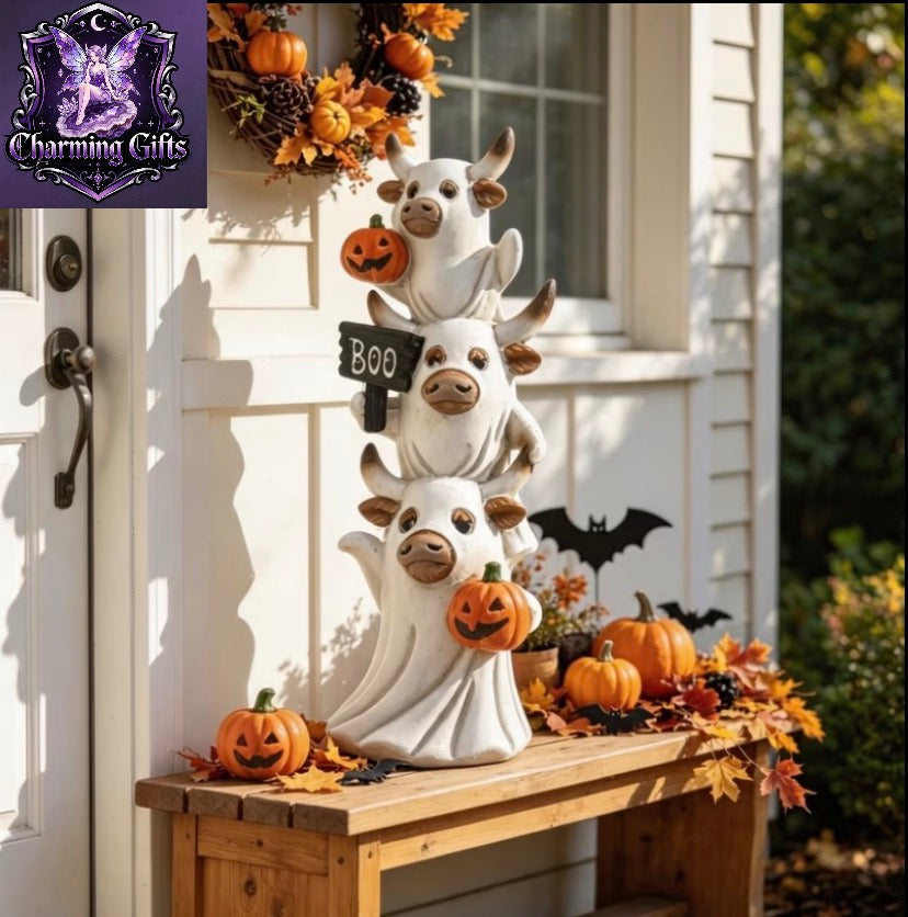 1 Hand-Painted Three-Layer Stacked Highland Cow Resin Statue, Cute and Spooky Halloween Cow Ornament, with Jack-o'-Lantern and "BOO" Sign; Rustic Style Decor for Front Porch, Entryway, Fireplace, Tiered Tray, Versatile Indoor/Outdoor Halloween Party