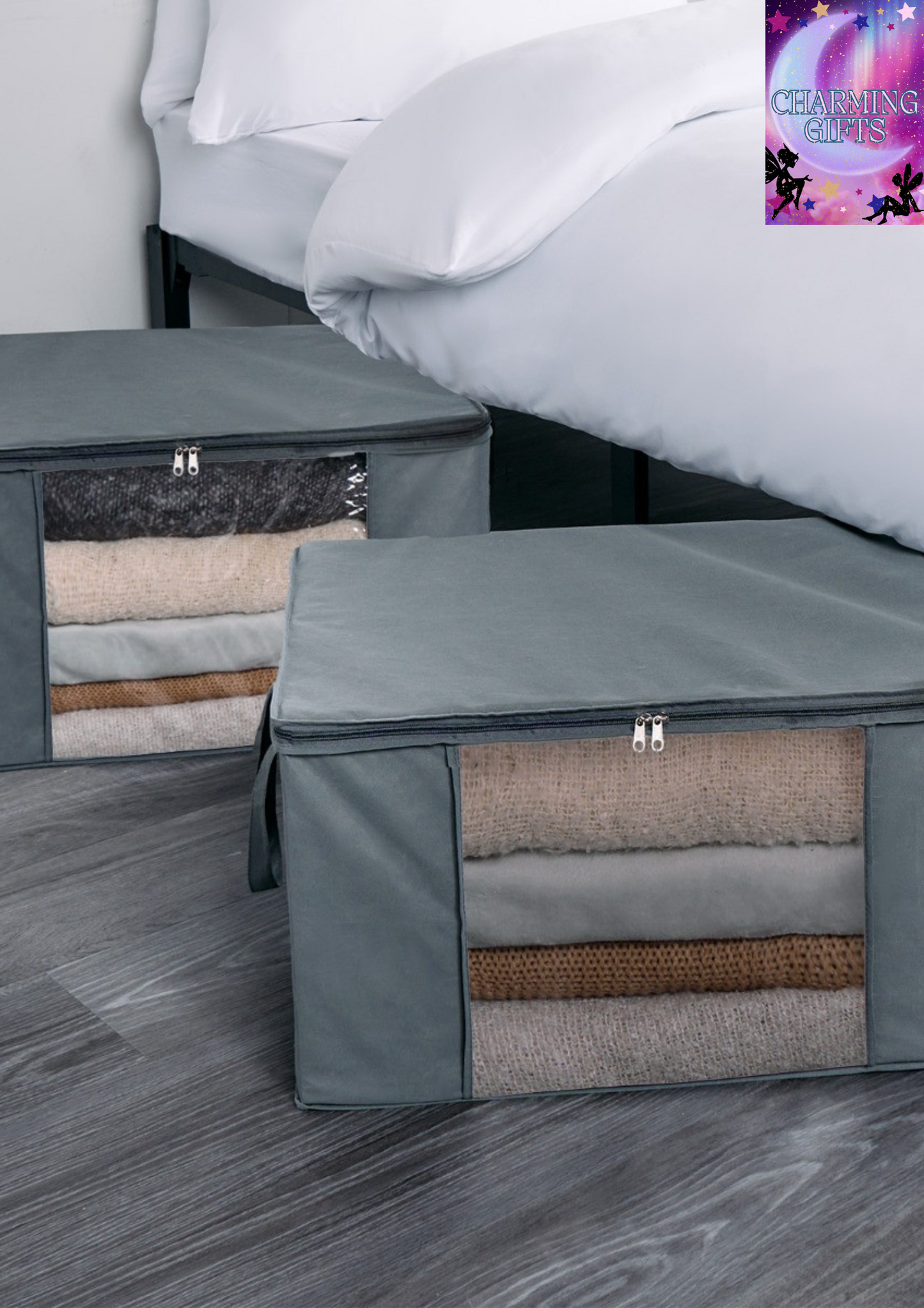 2 Pack 90.3L Underbed Large Clothes Storage Bag - Charcoal