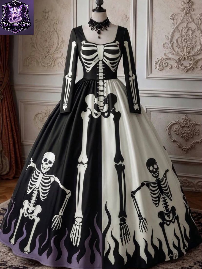 Rometta Plus Size Women's Elegant Celestial Dark Print Day Of The Dead Long Sleeve Dress Evening Party Black Winter Halloween