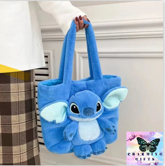 Disney 2023 New Cartoon Plush Doll Shoulder Bag Sweet and Cute Stitch Strawberry Bear Soft Cute Girls Handbag