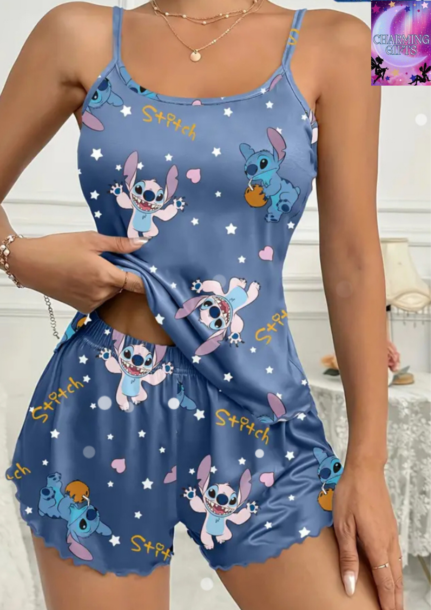 Disney Lady Cute Stitch Pajama Set Disney Cartoon Tank Top Shorts