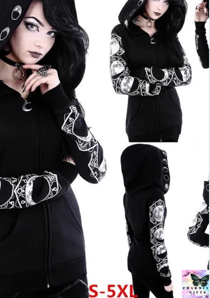 Fashion Trend Women's Punk Black Hoodie Moon Print Long-sleeved Sweater