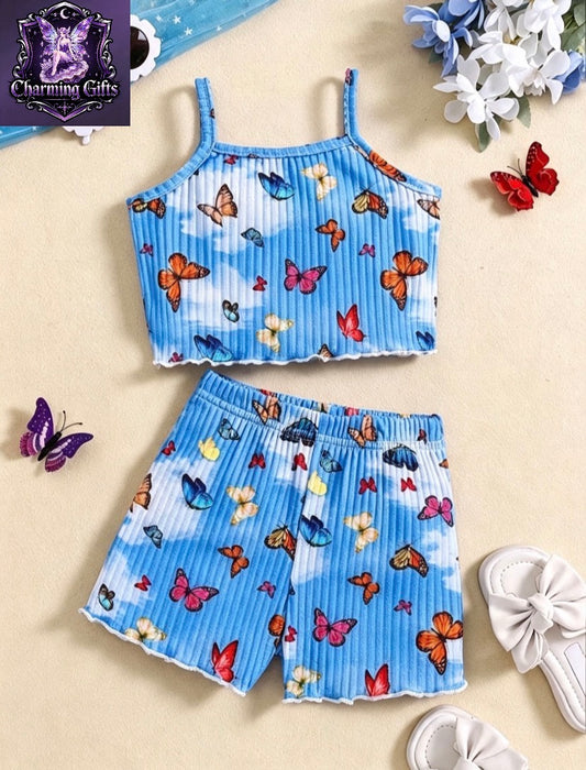 Girls' Sleeveless Tank Top and Shorts Set with Cute Butterfly Print, New Summer Style Casual Wear, Baby Girl Clothing, Perfect for Outdoor